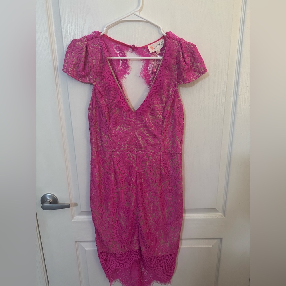 L'ATISTE Fuchsia Lace V-Neck Dress